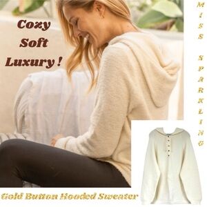 Luxury Soft Hooded Sweater Gold Quarter Button Hoodie Ivory Off White Size XL